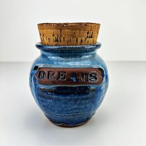 Studio Art Pottery  Rainbows Canister Jar Blue Glazed w/ cork Lid 5.5" signed